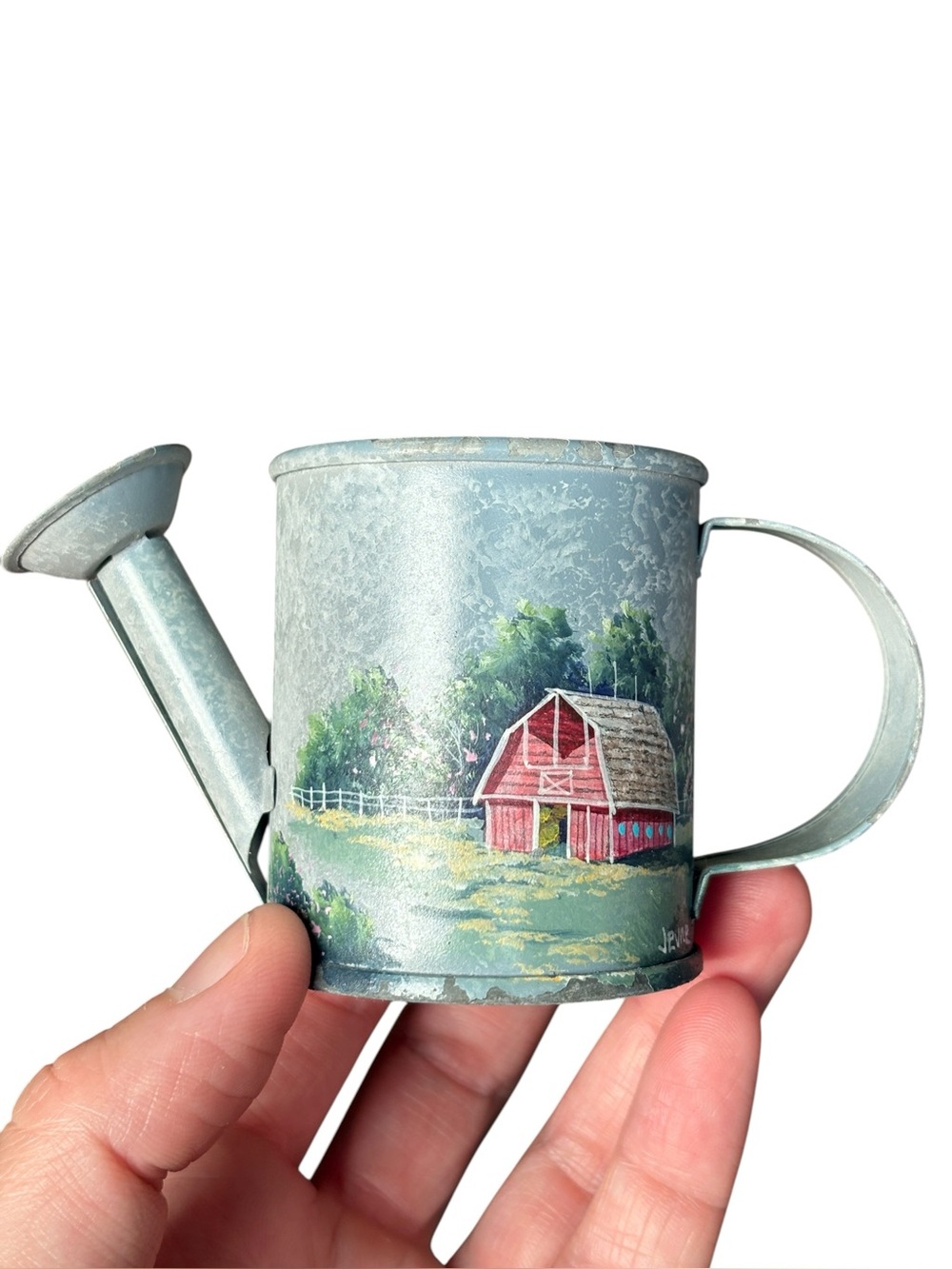 Handpainted Barn Galvanized Metal Mini Watering Can Art Decorative